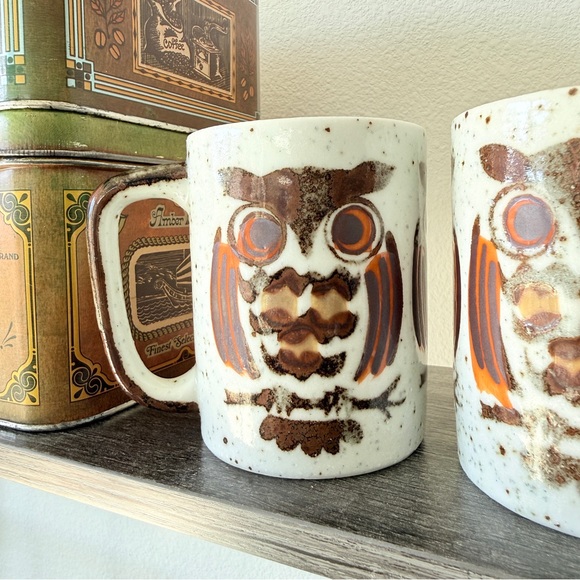 Vintage 1970s Owl Mug Pair Japan Stoneware Cozy Woodland Kitchen - Picture 4 of 9